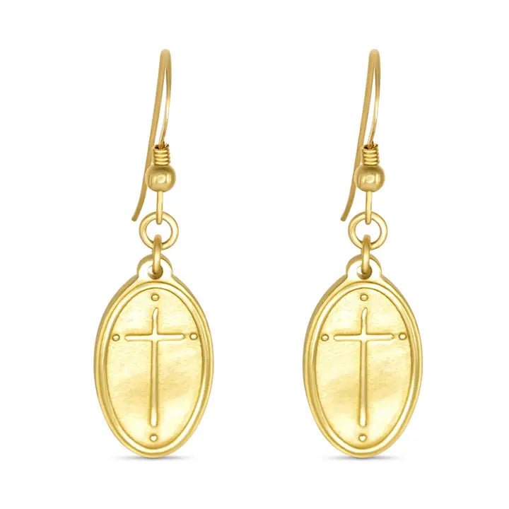 Gold French Hook Earrings | Oval Cross | Rom 5:8