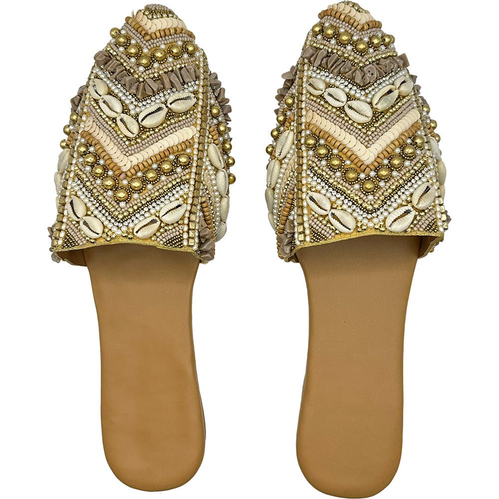 Handmade Beaded Mules - Gold Floral Shell Pattern
