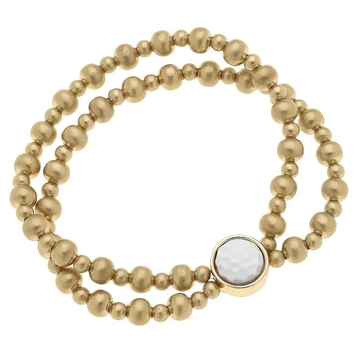 Golf Ball Enamel 2 - Row Ball Bead Stretch Bracelet in White - Juli's Wearable Art