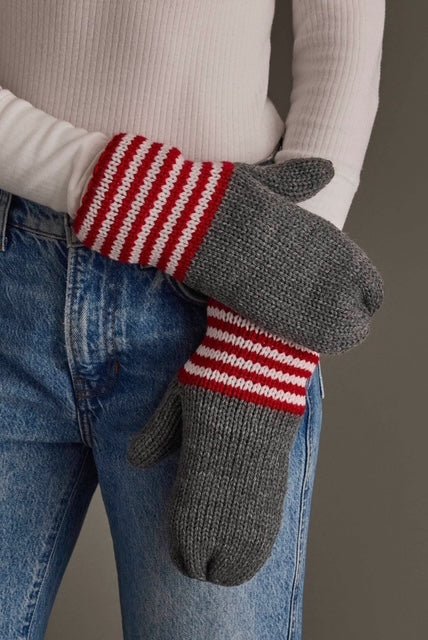 Gray, Red & White Striped Knit Mittens - Juli's Wearable Art