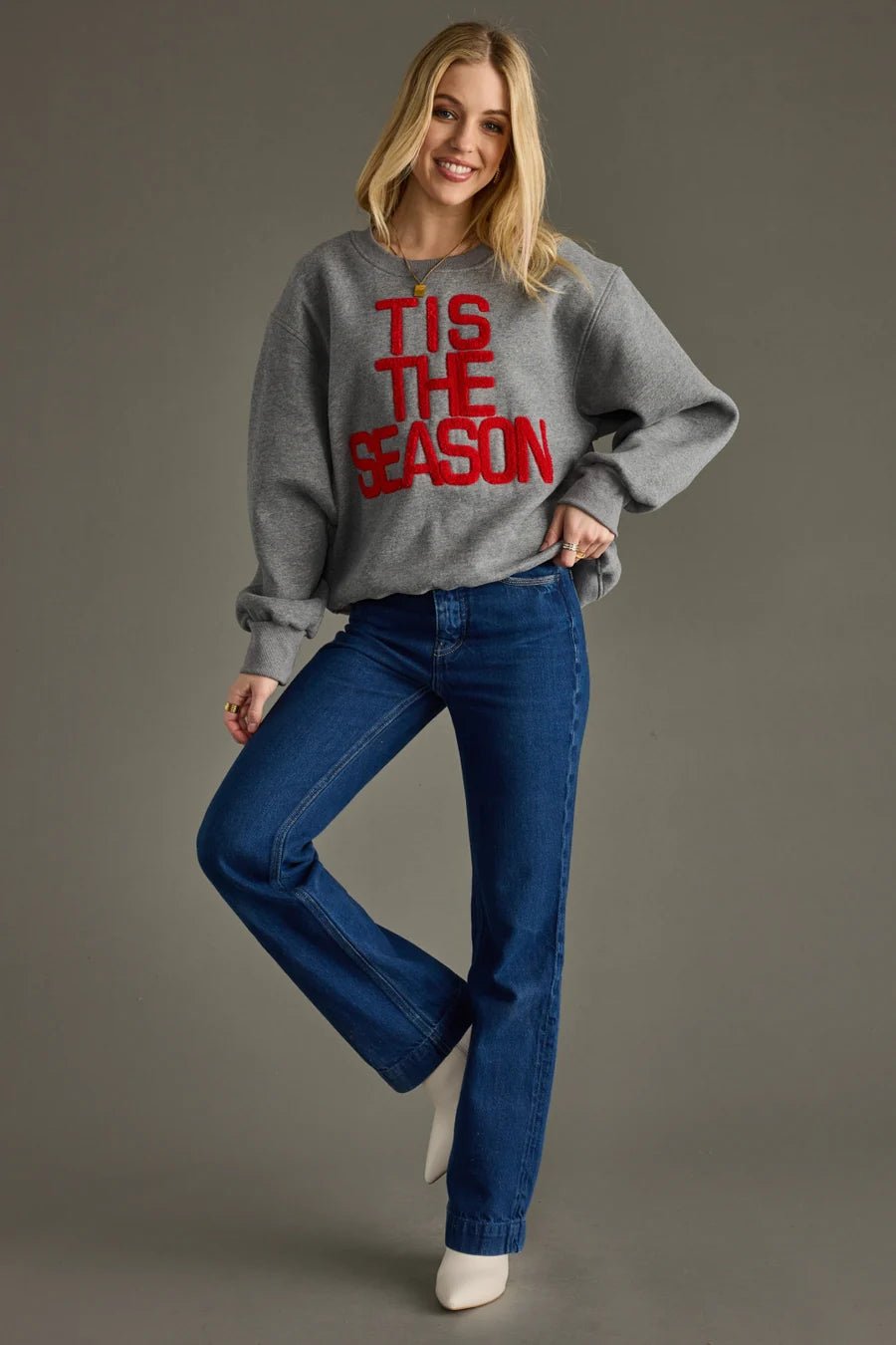Gray “’Tis The Season” Oversized Holiday Sweatshirt - Juli's Wearable Art