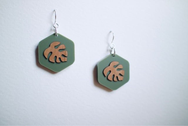 Green Acrylic & Wood Monstera Earrings