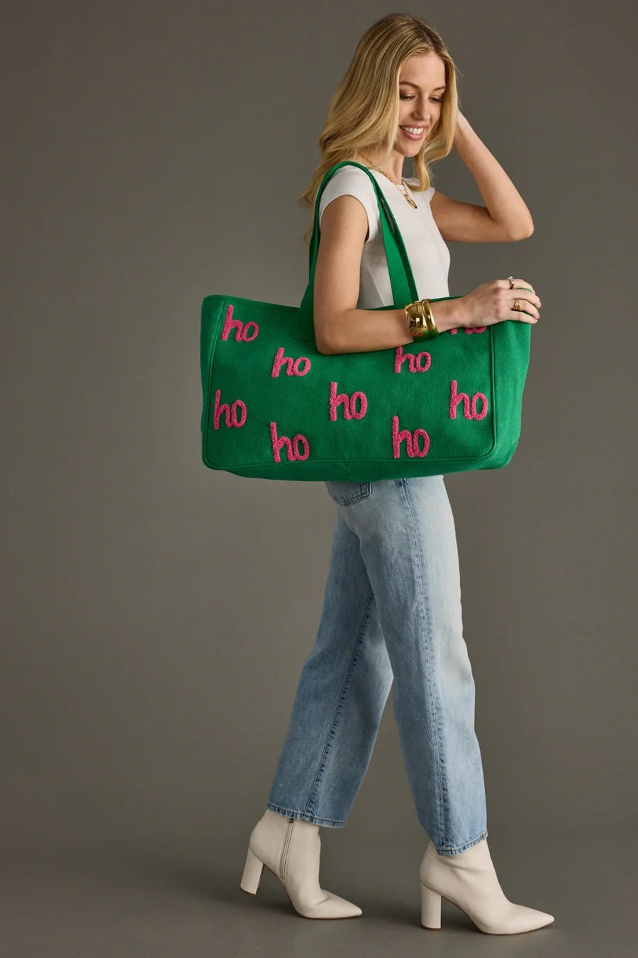 Green "Ho Ho Ho" Textured Tote Bag - Juli's Wearable Art
