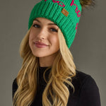 Green Knit Pom Hat – “Ho Ho Ho” Design - Juli's Wearable Art