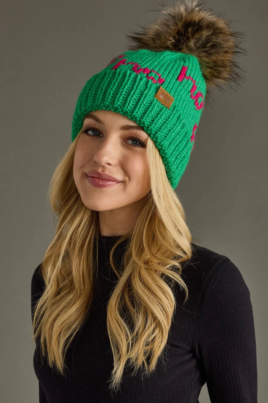 Green Knit Pom Hat – “Ho Ho Ho” Design - Juli's Wearable Art