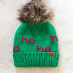 Green Knit Pom Hat – “Ho Ho Ho” Design - Juli's Wearable Art
