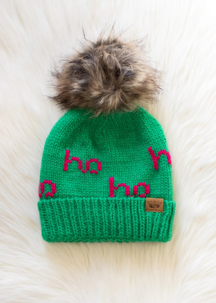 Green Knit Pom Hat – “Ho Ho Ho” Design - Juli's Wearable Art