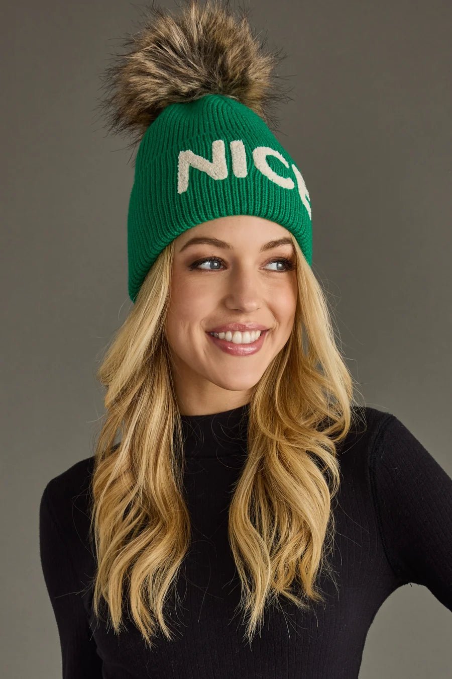 Green Knit Pom Hat – “NICE” Cuff Design - Juli's Wearable Art
