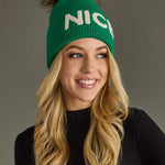 Green Knit Pom Hat – “NICE” Cuff Design - Juli's Wearable Art