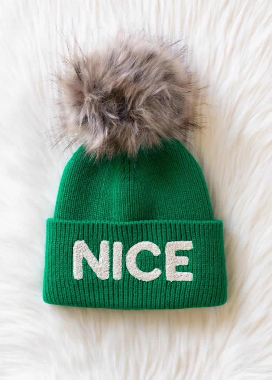 Green Knit Pom Hat – “NICE” Cuff Design - Juli's Wearable Art