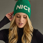 Green Knit Pom Hat – “NICE” Cuff Design - Juli's Wearable Art