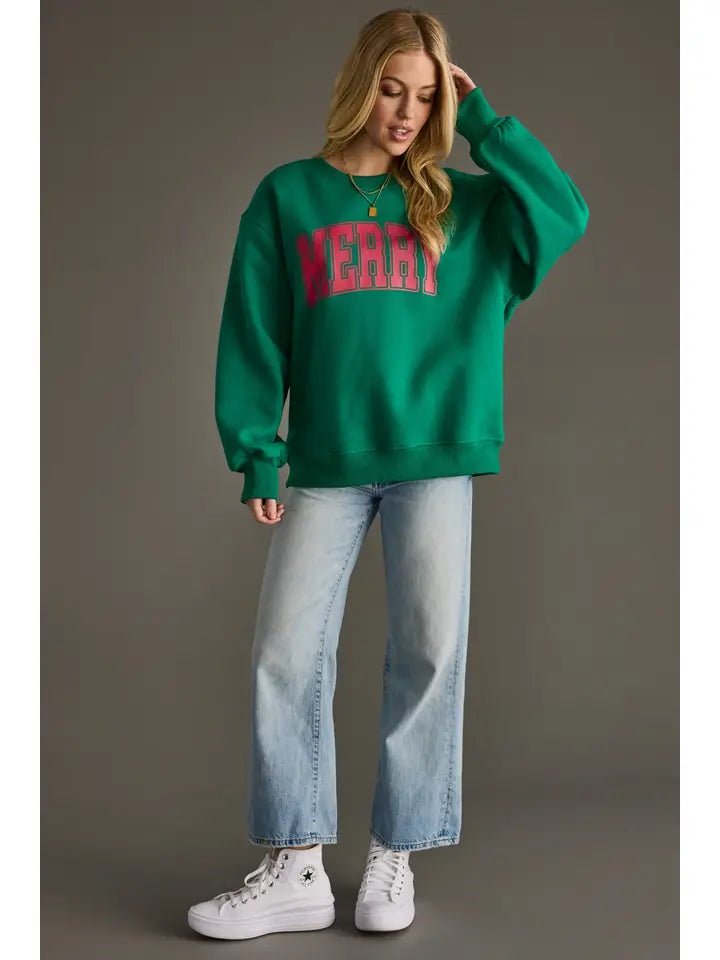 Green “Merry” Graphic Sweatshirt - Juli's Wearable Art