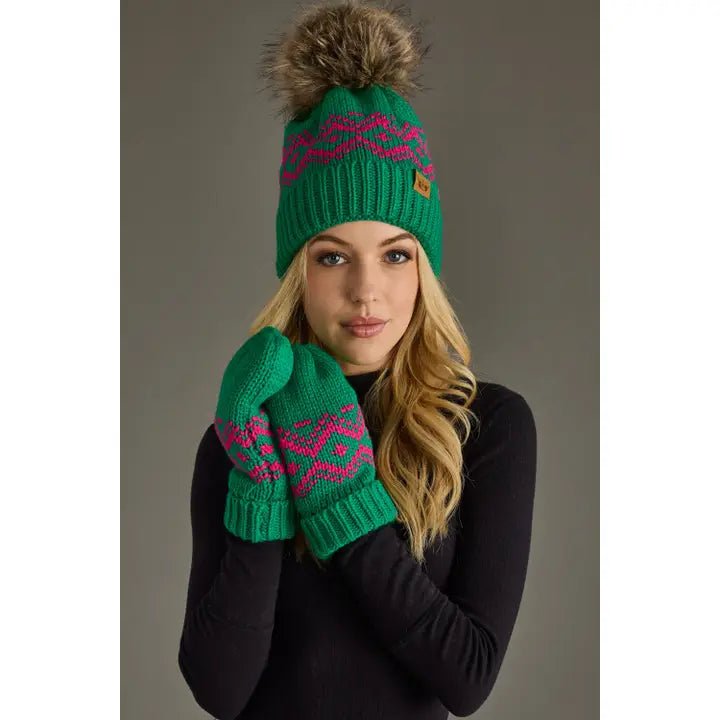 Green & Pink Patterned Pom Hat - Juli's Wearable Art