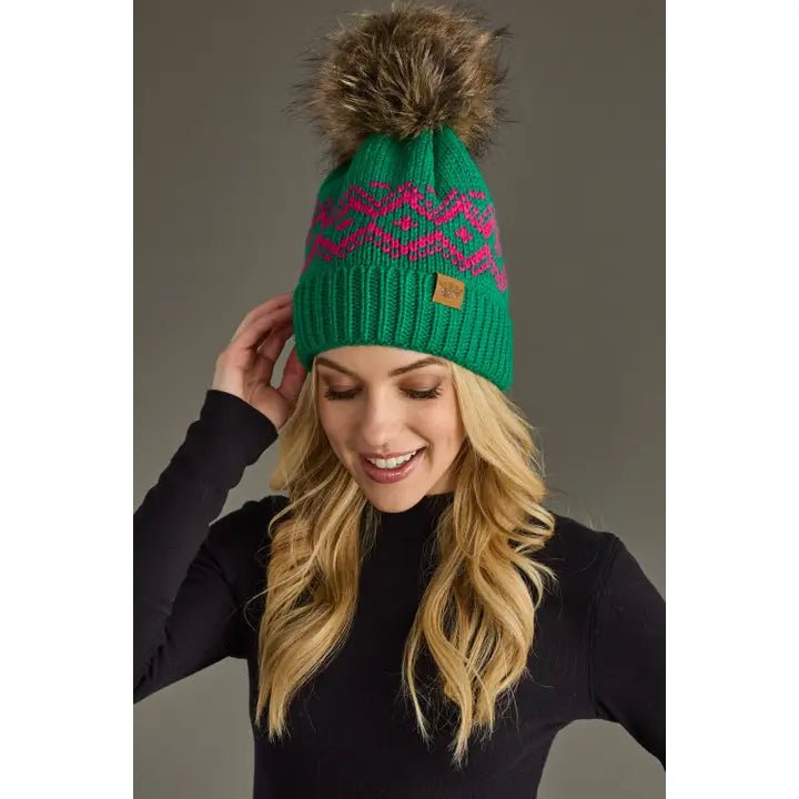 Green & Pink Patterned Pom Hat - Juli's Wearable Art