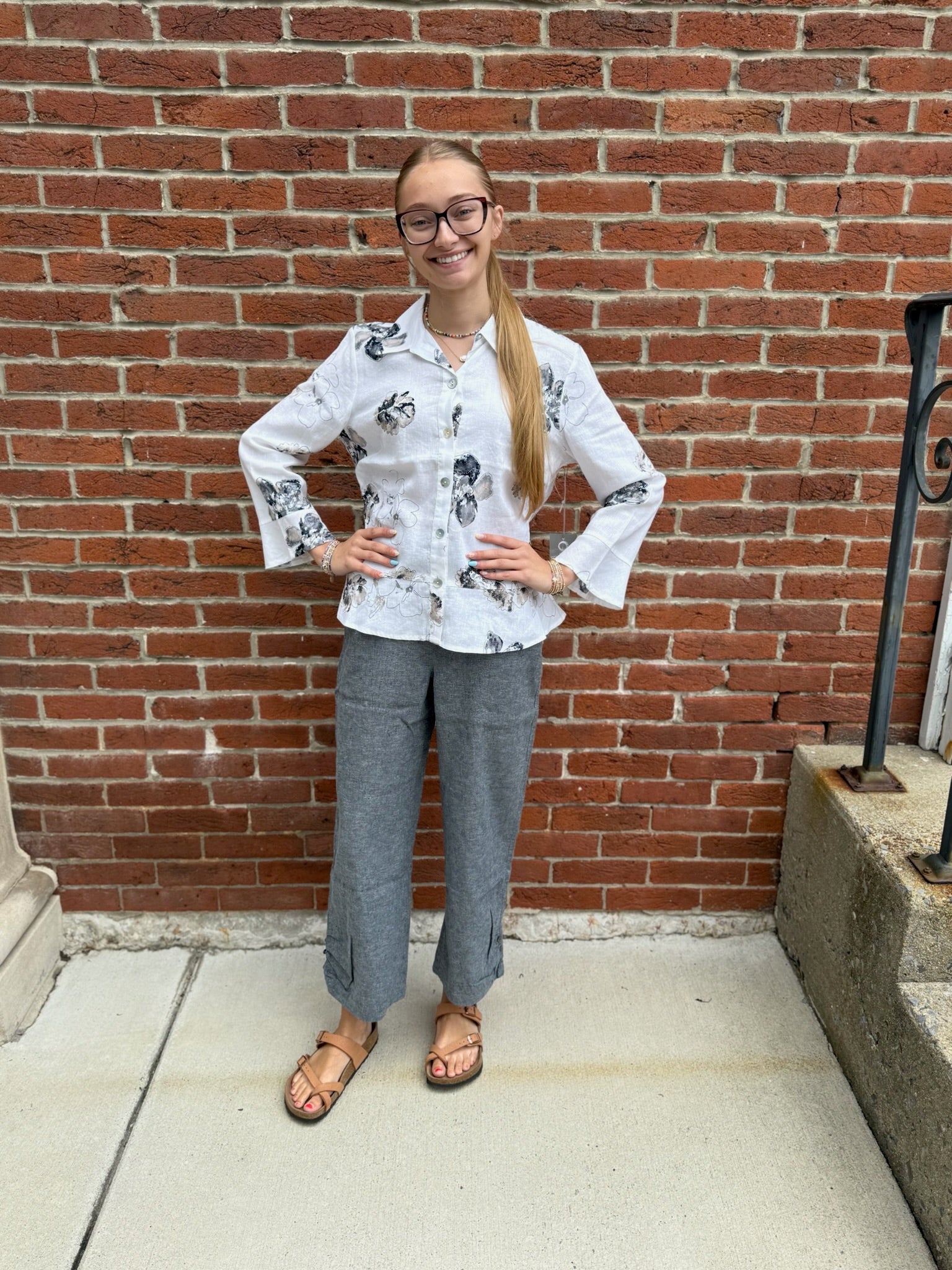Habitat Linen Floral Flounce Shirt - Juli's Wearable Art
