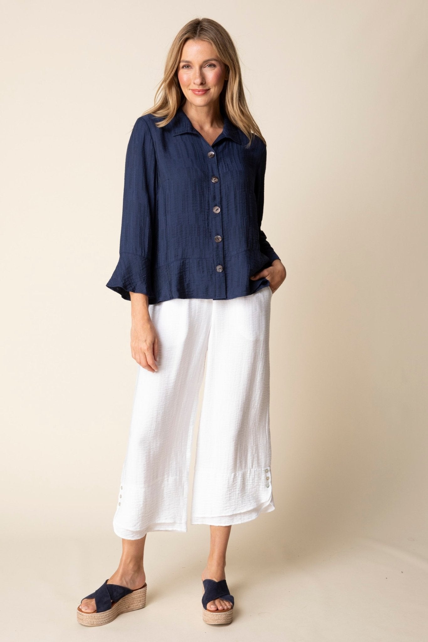 Habitat Soft Rayon Jacquard Flounce Shirt | Navy - Juli's Wearable Art