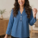 Habitat Stretch Denim Henley Top | Medium Denim - Juli's Wearable Art