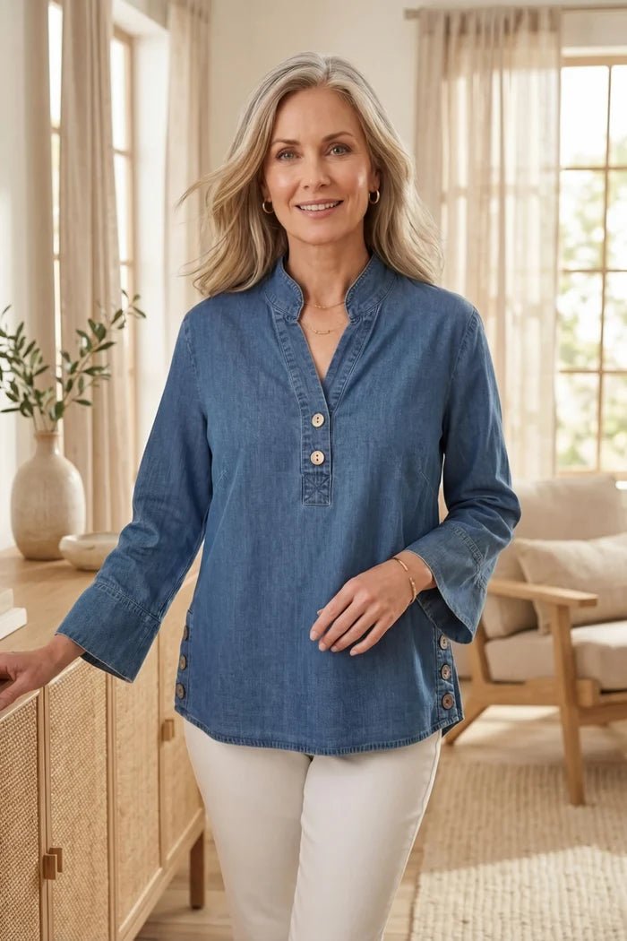 Habitat Stretch Denim Henley Top | Medium Denim