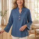 Habitat Stretch Denim Henley Top | Medium Denim - Juli's Wearable Art