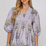 Half Sleeve Smocked Neck Woven Print Top | Lilac - Juli's Wearable Art