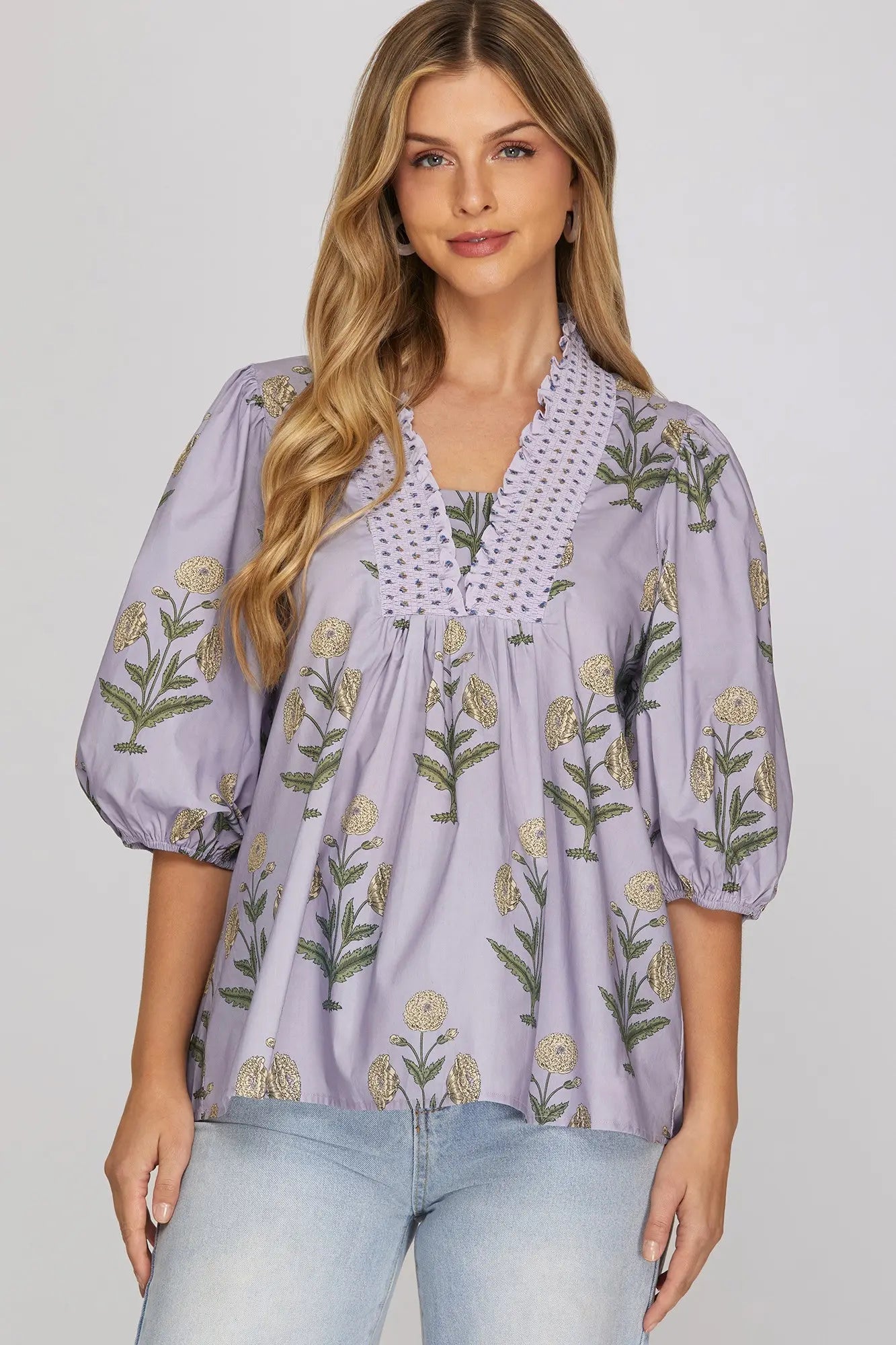 Half Sleeve Smocked Neck Woven Print Top | Lilac