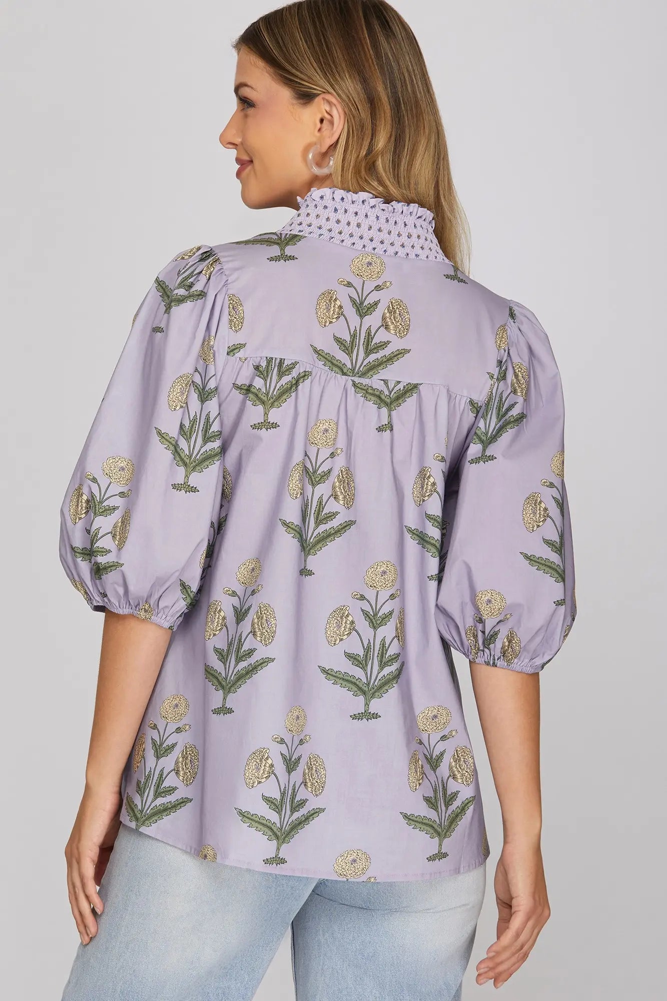 Half Sleeve Smocked Neck Woven Print Top | Lilac