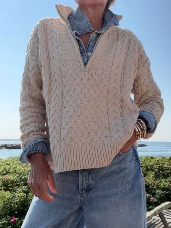 Half Zip Cable Knit American Flag Sweater | Tan - Juli's Wearable Art