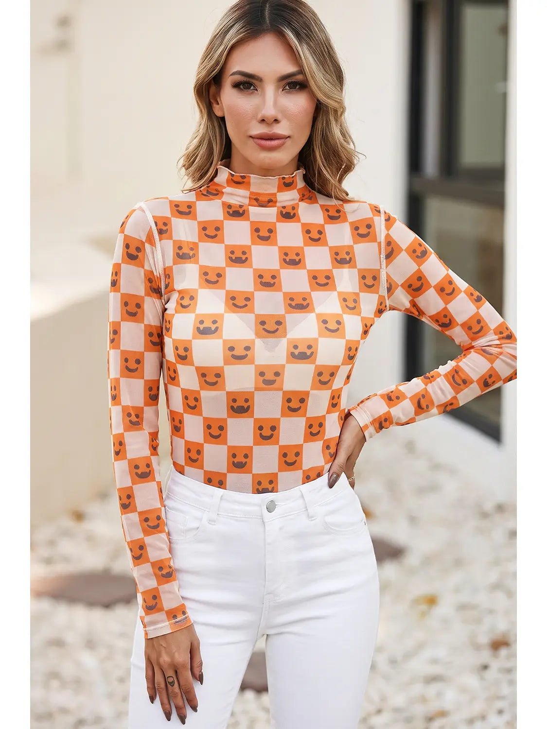 Halloween Checkerboard Mesh Mock Neck Top