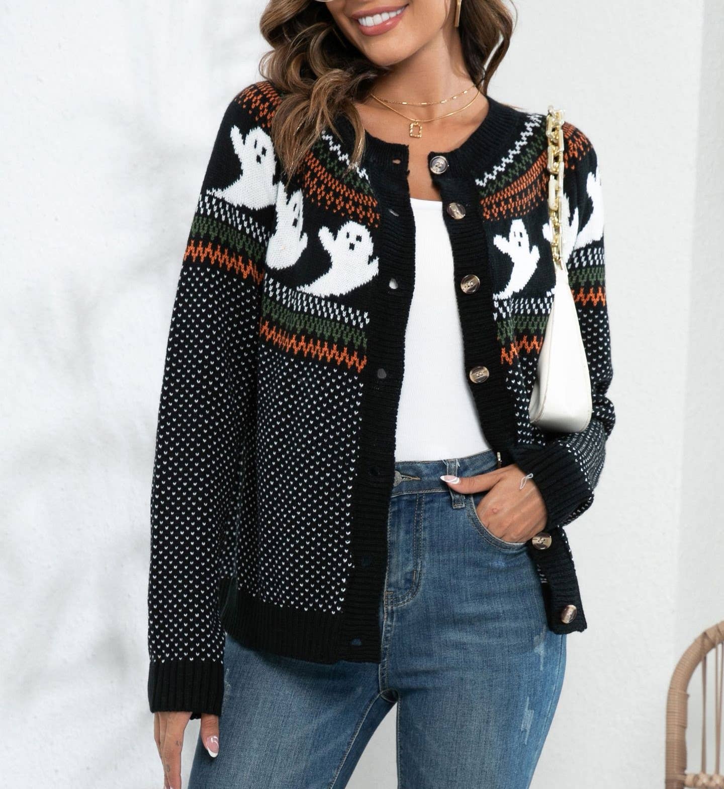 Halloween Ghost Vintage Polka Dot Knit Cardigan - Juli's Wearable Art