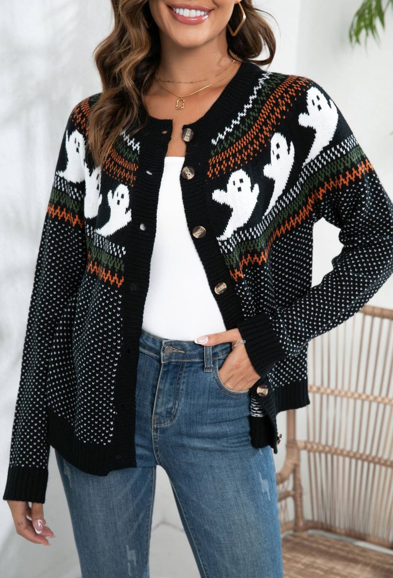 Halloween Ghost Vintage Polka Dot Knit Cardigan - Juli's Wearable Art