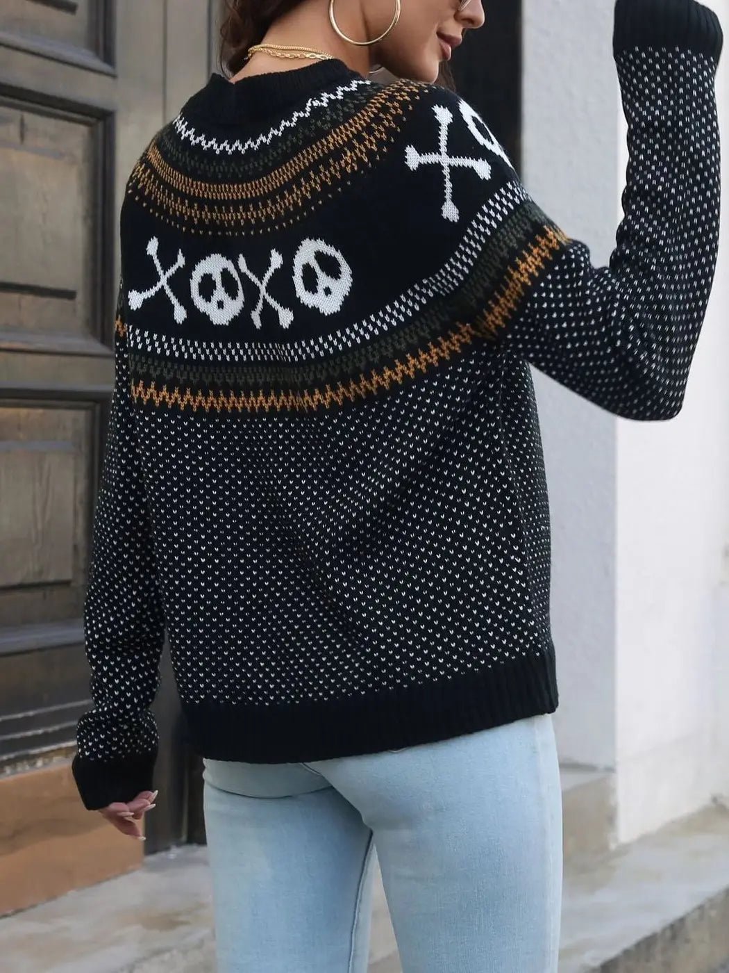 Halloween Retro Skull Ghost Jacquard Polka Dot Sweater - Juli's Wearable Art
