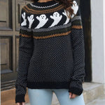 Halloween Retro Skull Ghost Jacquard Polka Dot Sweater - Juli's Wearable Art