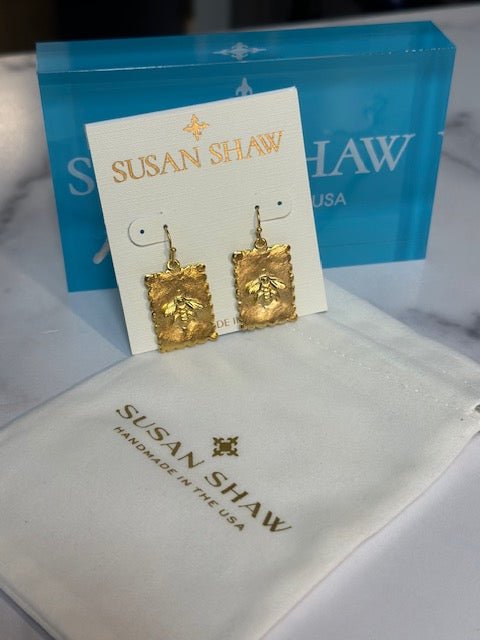 Handcast Gold Bee Rectangle Earrings - Juli's Wearable Art