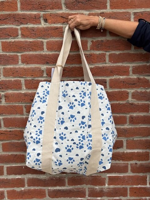 Handcrafted Canvas Tote Bag | Blue Paw Prints | Bedford