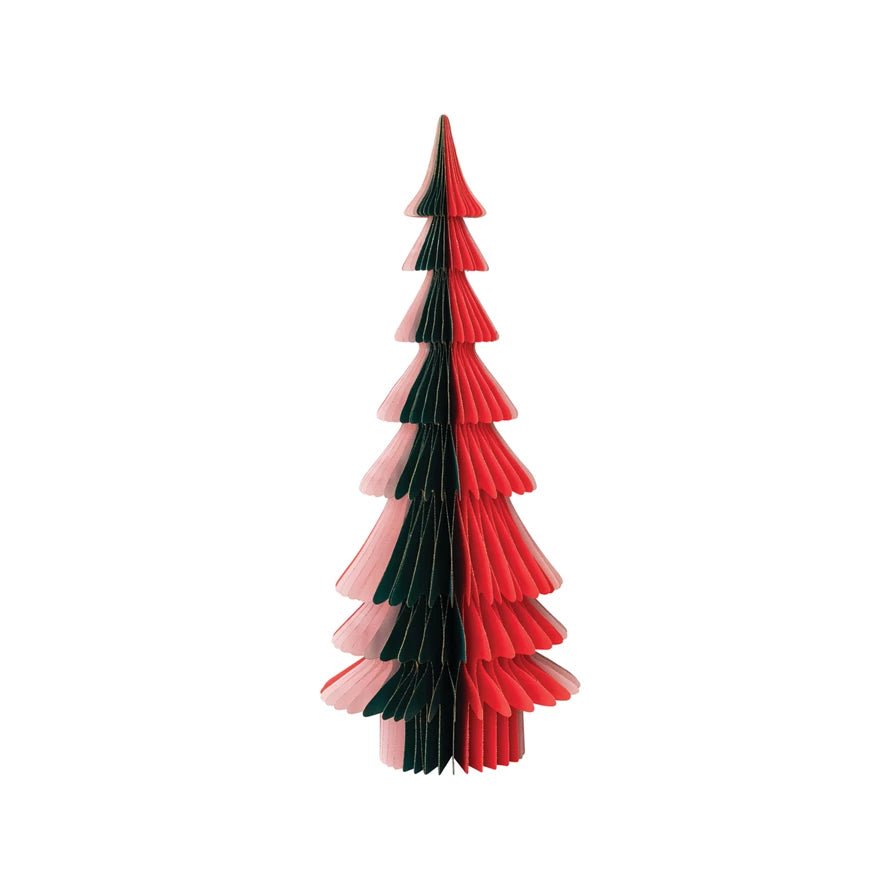 Handmade Folding Honeycomb Tree with Gold Glitter Edge – Red, Green & Pink (26"H) - Juli's Wearable Art