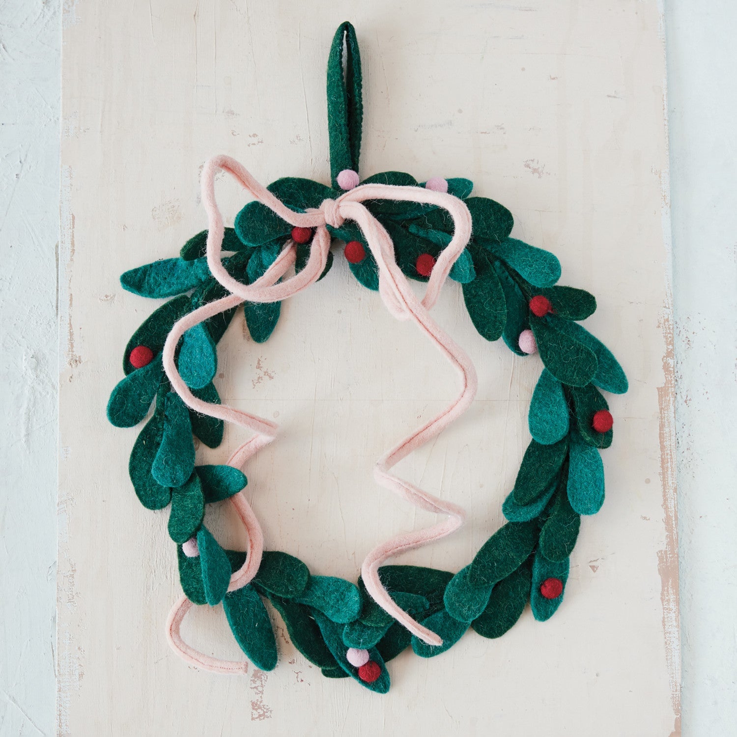 Handmade Wool Felt Leaves Wreath with Wired Bow & Berries