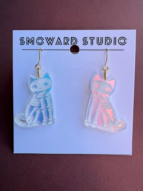 Iridescent Acrylic Cat Skeleton Earrings