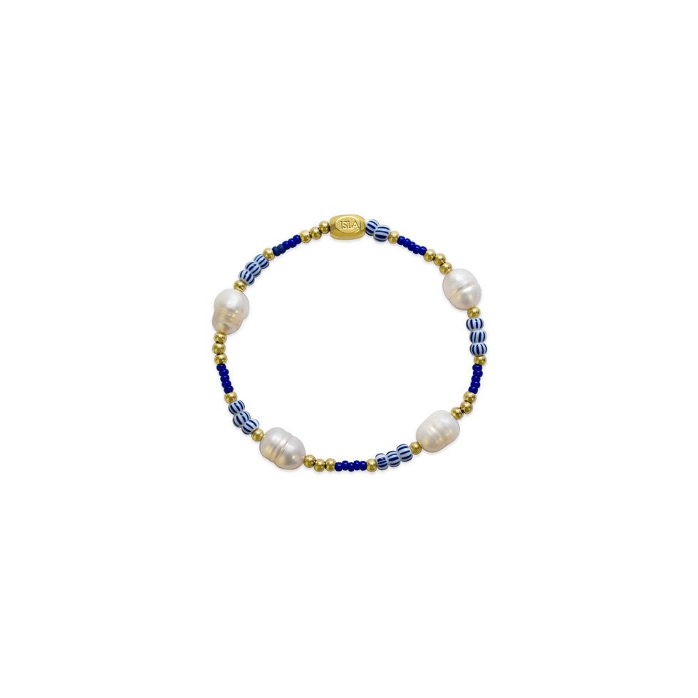 ISLA 24/7 Stretch Bracelet | “Here and There” | Gold Mediterranean Striped Cobalt Pearl - Juli's Wearable Art