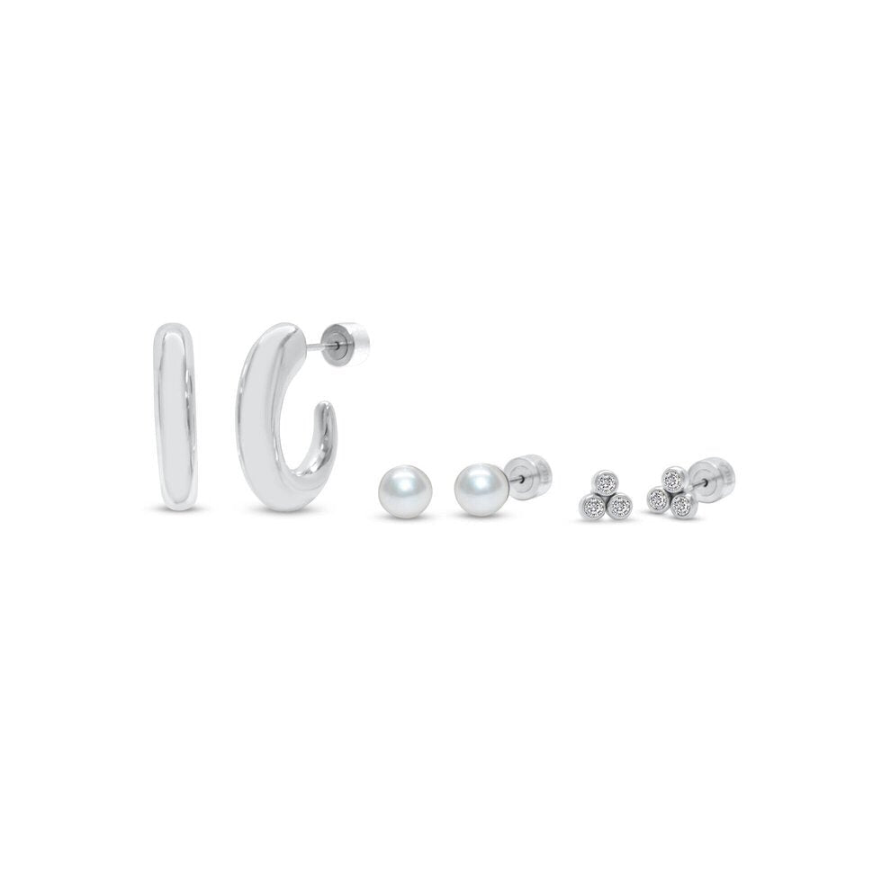 ISLA Hoop Pearl Trio Earring Set | Stainless Steel