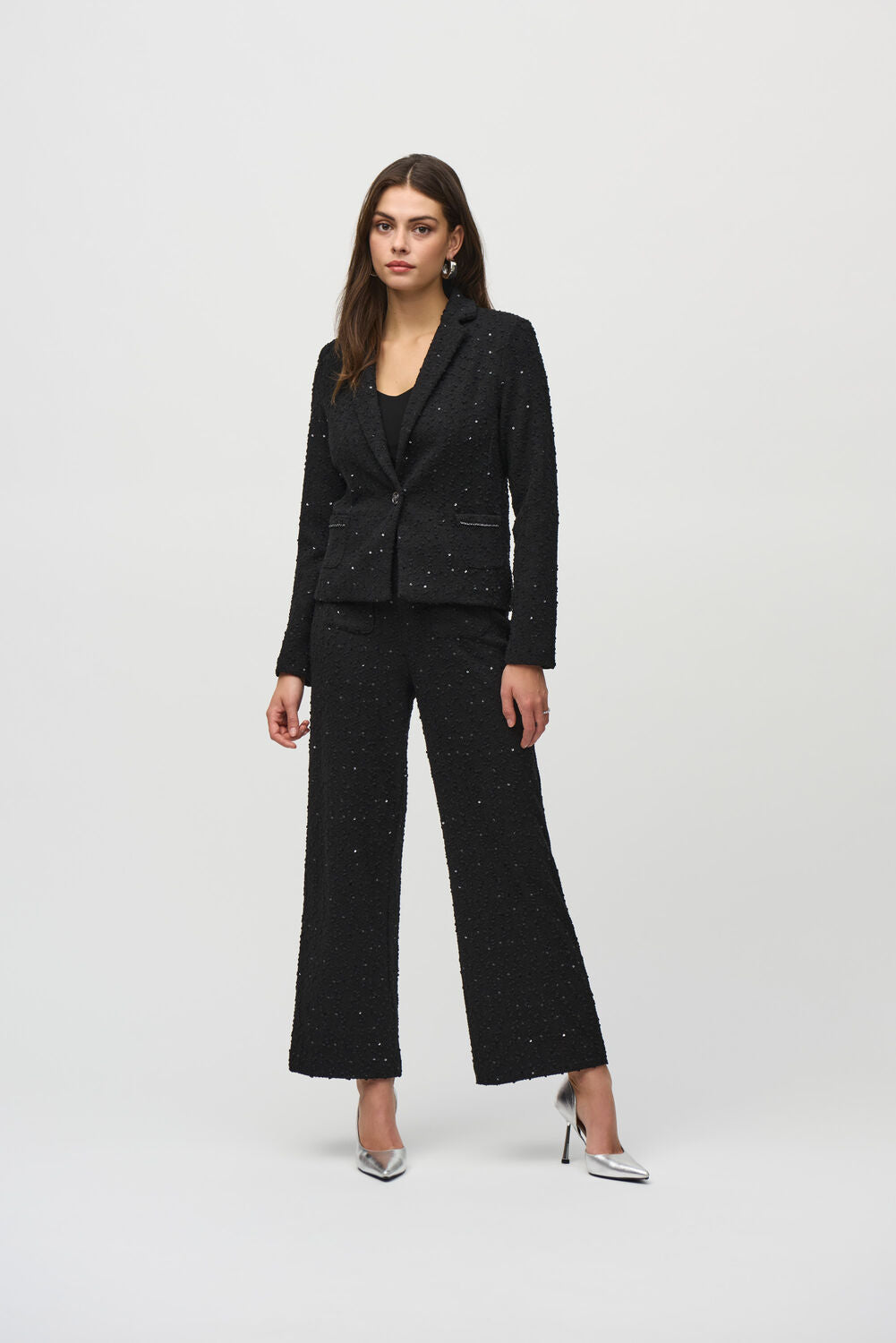 Joseph Ribkoff Sequin Bouclé Blazer With Chain Trim Details