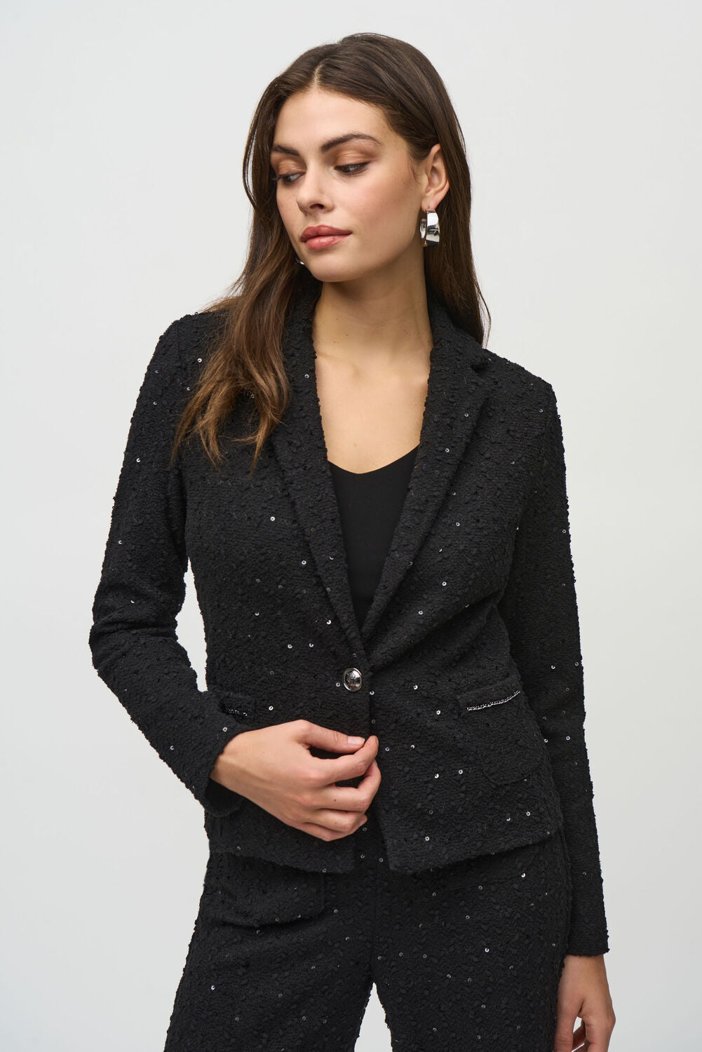 Joseph Ribkoff Sequin Bouclé Blazer With Chain Trim Details