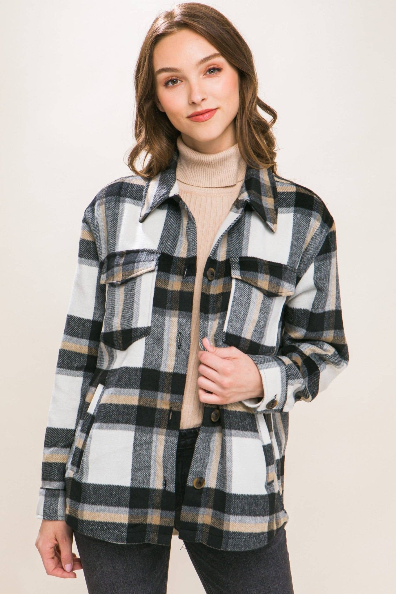Junior Fit Wool Blend Plaid Button - Up Shacket – Black and White - Juli's Wearable Art