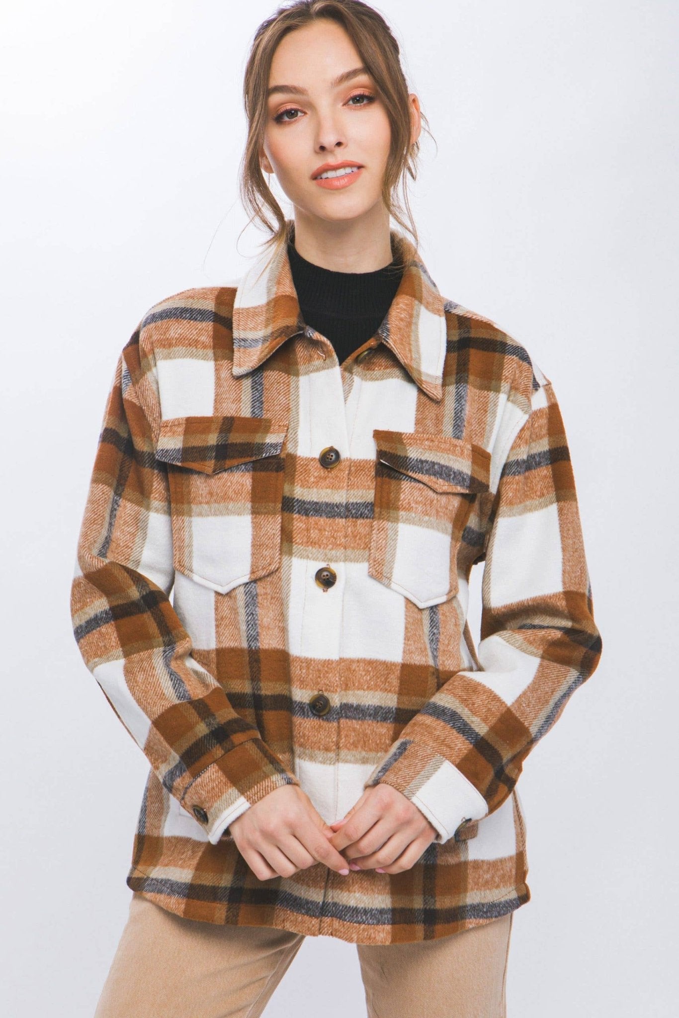 Junior Fit Wool Blend Plaid Button - Up Shacket – Clay - Juli's Wearable Art