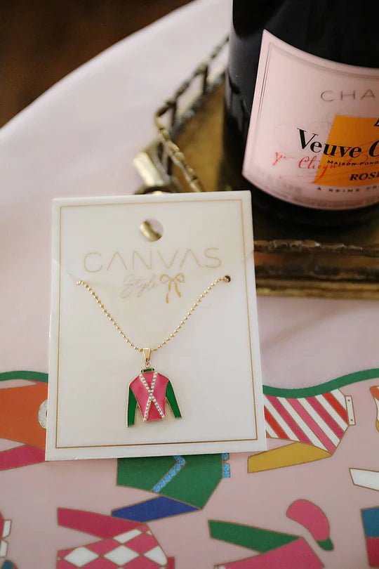 Justify Jockey Silk Enamel Pendant Necklace in Pink and Green - Juli's Wearable Art