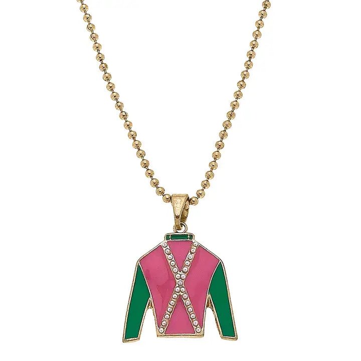 Justify Jockey Silk Enamel Pendant Necklace in Pink and Green - Juli's Wearable Art