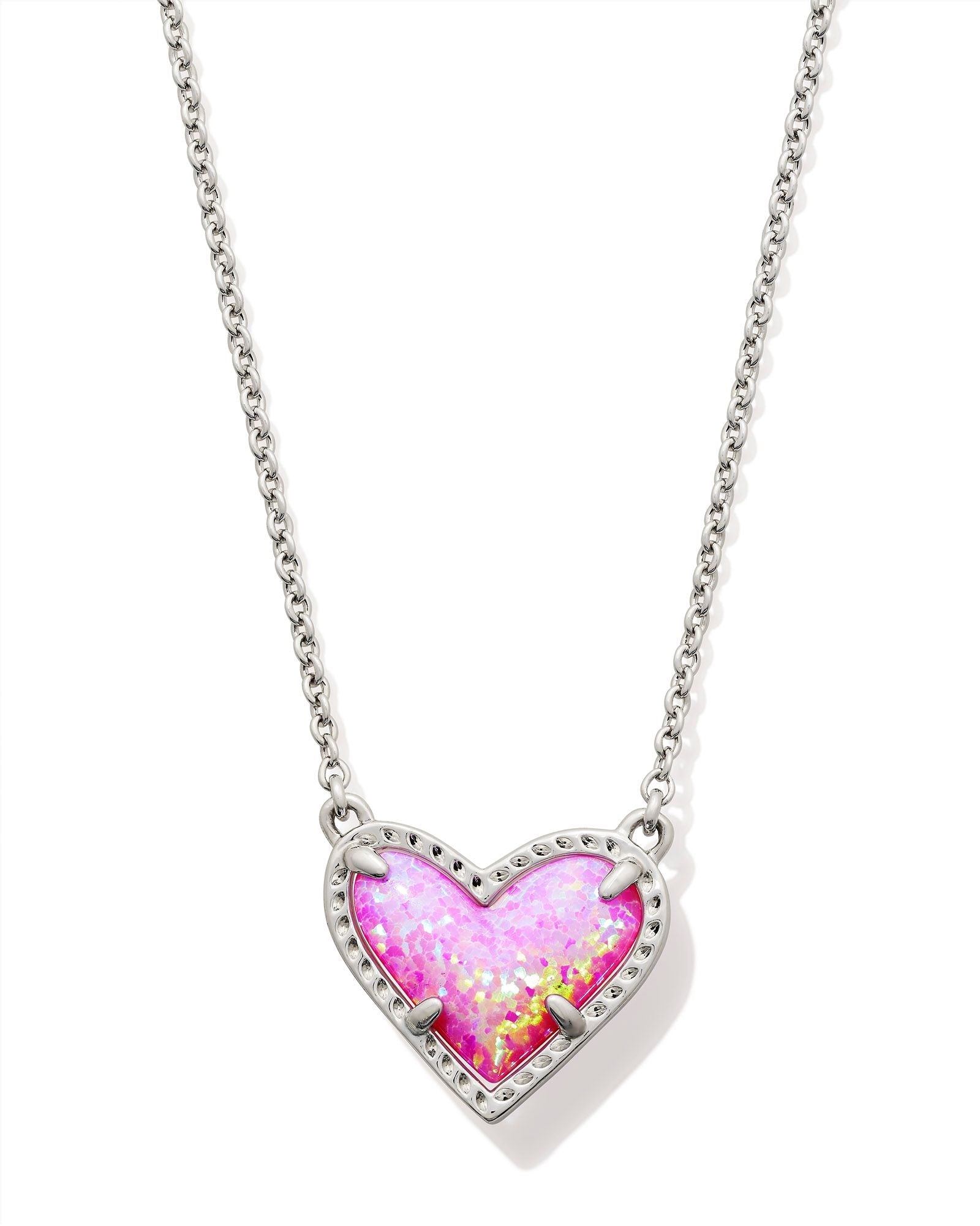 Kendra Scott Ari Heart Short Pendant Necklace in Silver & Bubblegum Pink Kyocera Opal - Juli's Wearable Art