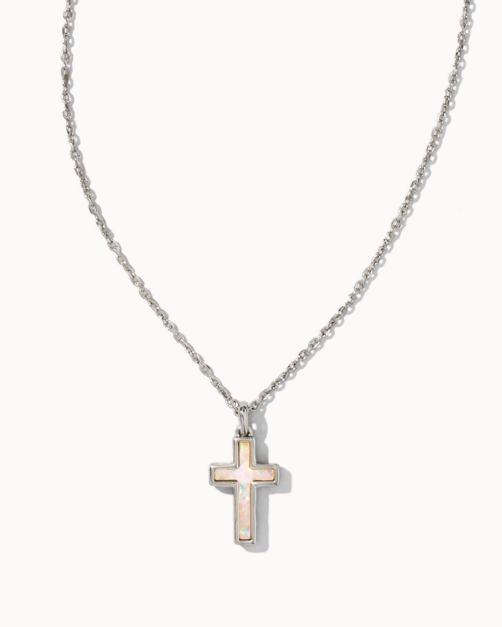 Kendra Scott Cross Silver Pendant Necklace | White Kyocera Opal