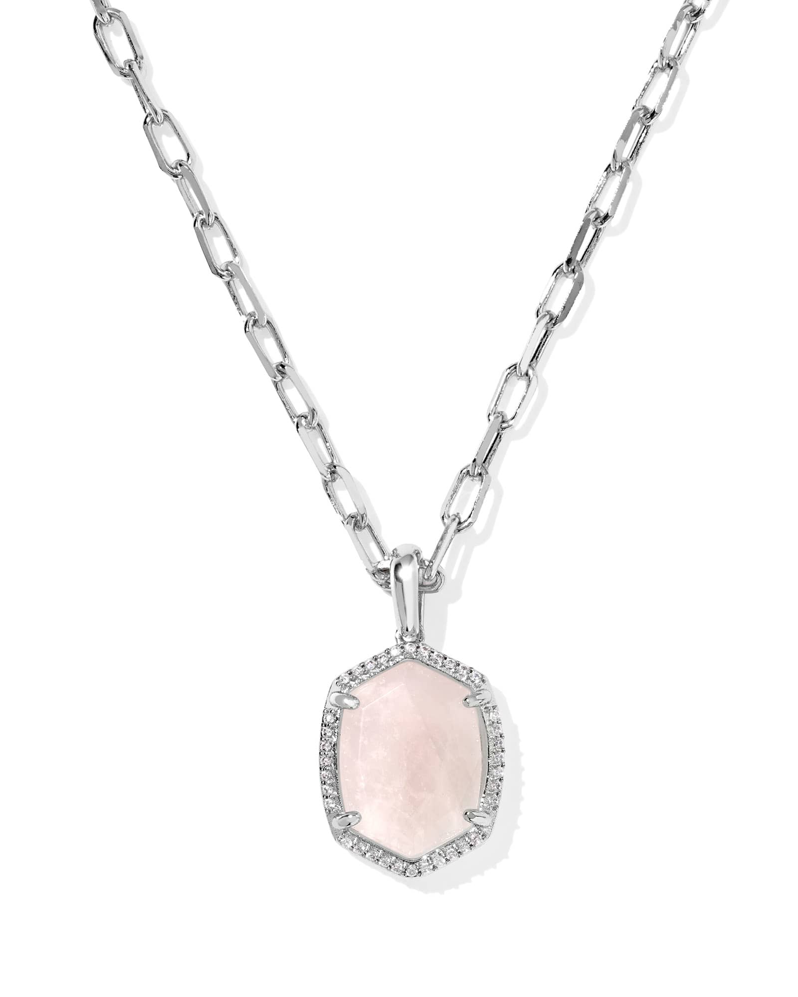Kendra Scott Daphne Silver Pavé Frame Short Pendant Necklace in Rose Quartz - Juli's Wearable Art