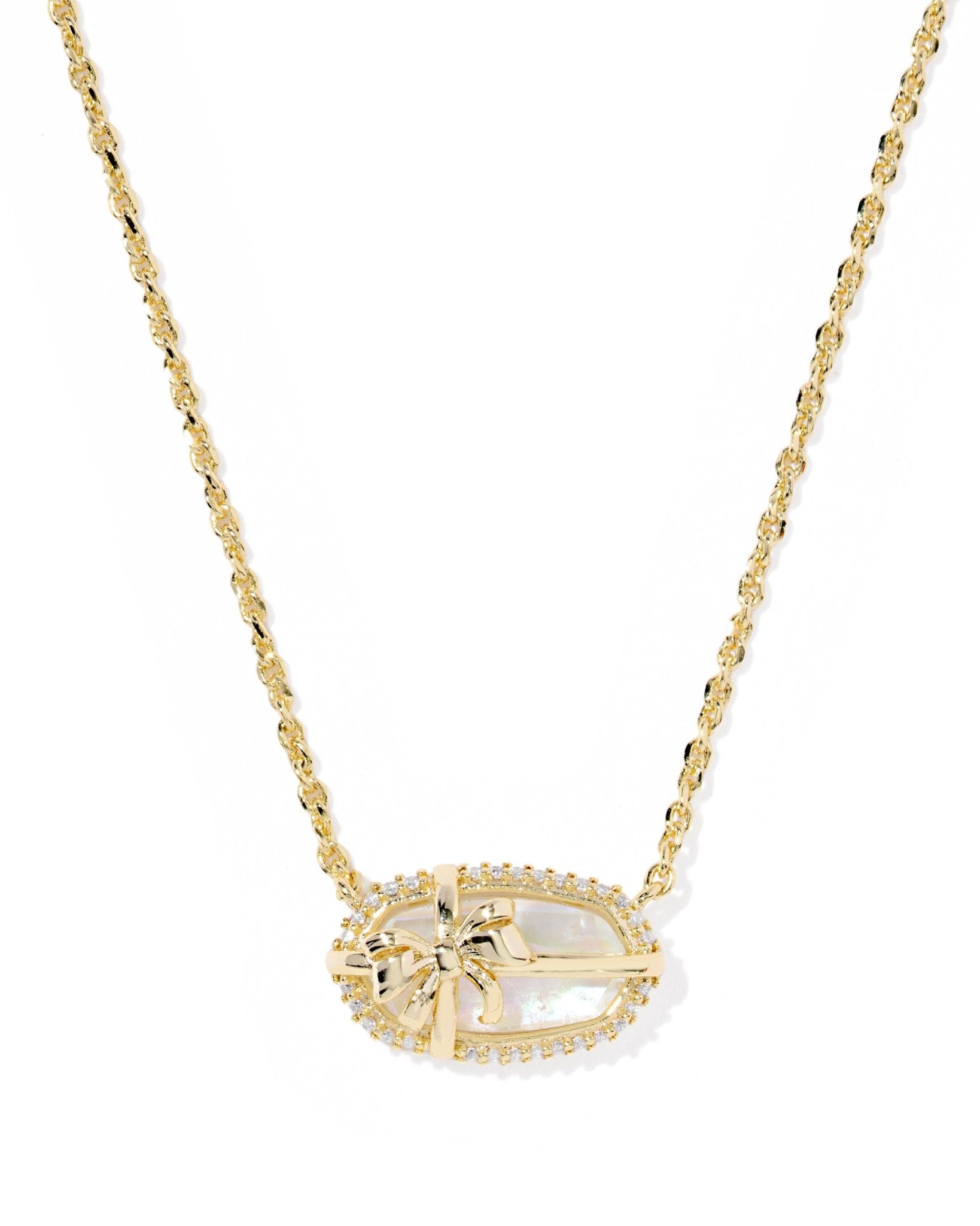 Kendra Scott Elisa Bow Short Pendant Necklace – Gold Iridescent Crystal Ivory Illusion - Juli's Wearable Art