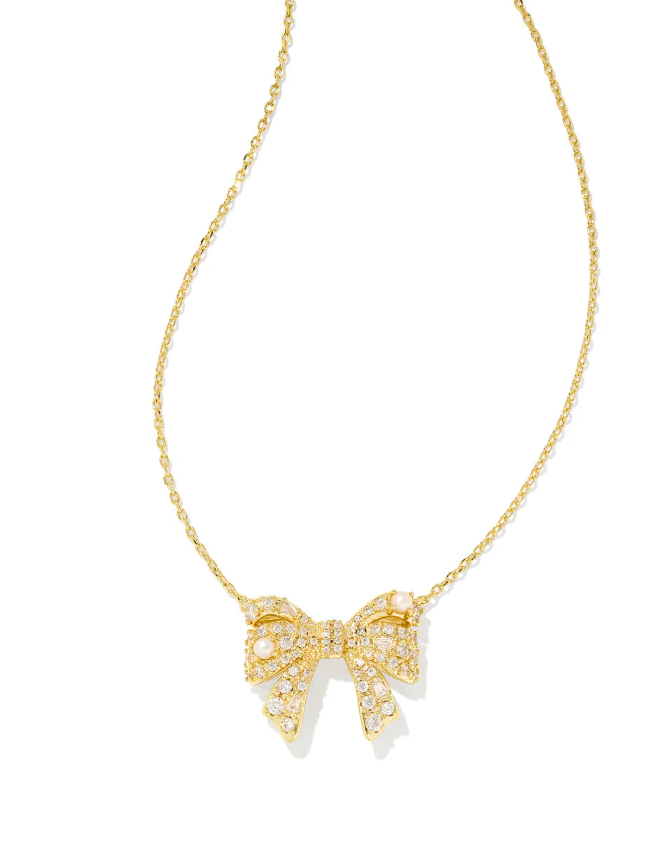 Kendra Scott Krista Gold Bow Pendant Necklace – White Mix Crystals & Freshwater Pearls